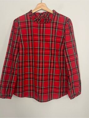 J Crew Red Tartan Plaid Ruffle Neck Holiday Blouse size XL new with tags